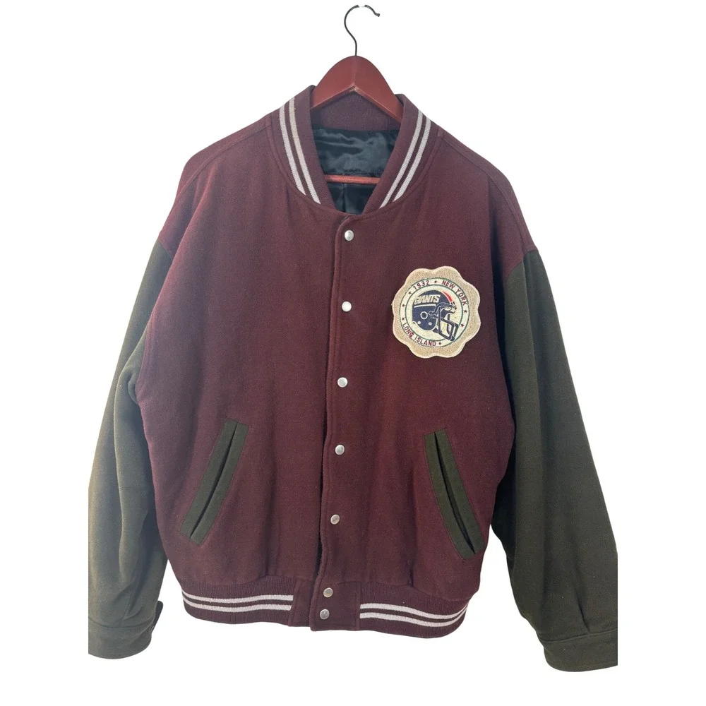 Vintage Style Wool Varsity Jacket New York Giants Patch Burgundy Snap Bomber - Picture 2 of 12